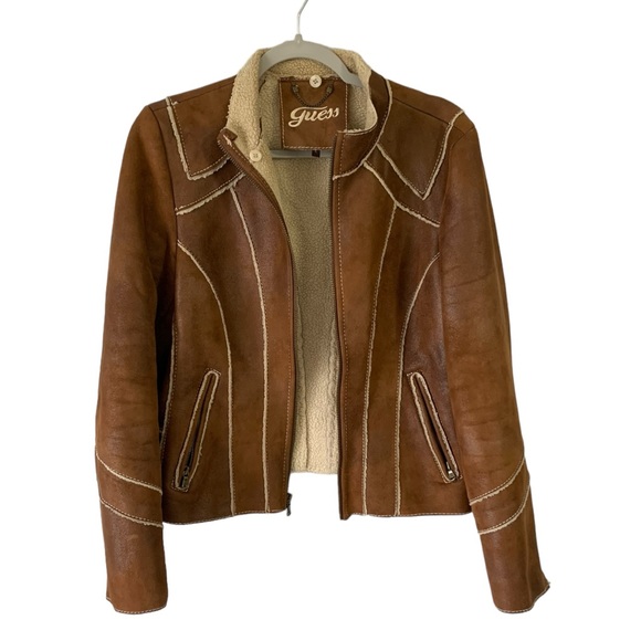 Vintage Guess Shearling Vegan Leather Front Zip Winter Jacket Women’s Size Large - Picture 5 of 10